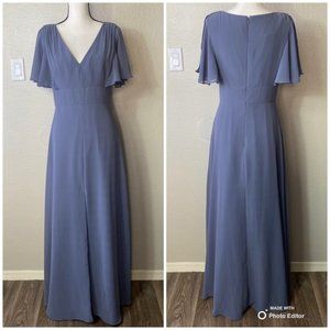 Social Gray Blue Bridesmaids Ruffle Sleeve V-neck Dress 8188